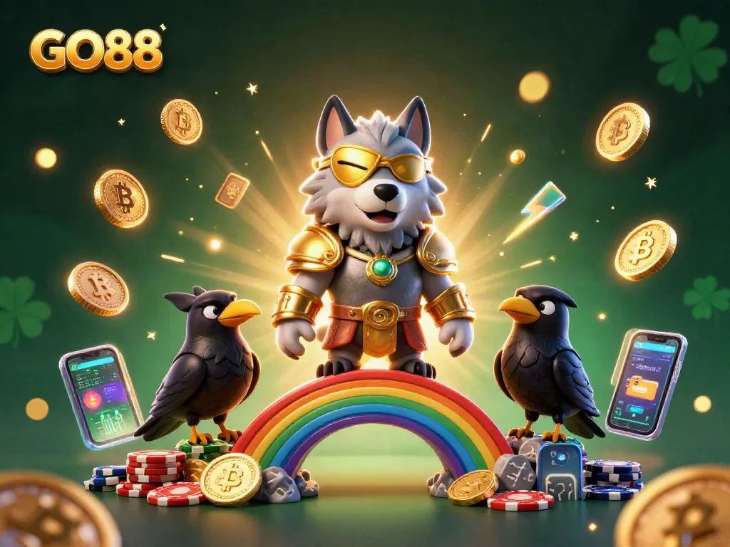 Experience GO88's thrilling gaming environment with a dynamic illustration of Norse-inspired characters amidst shimmering casino elements.