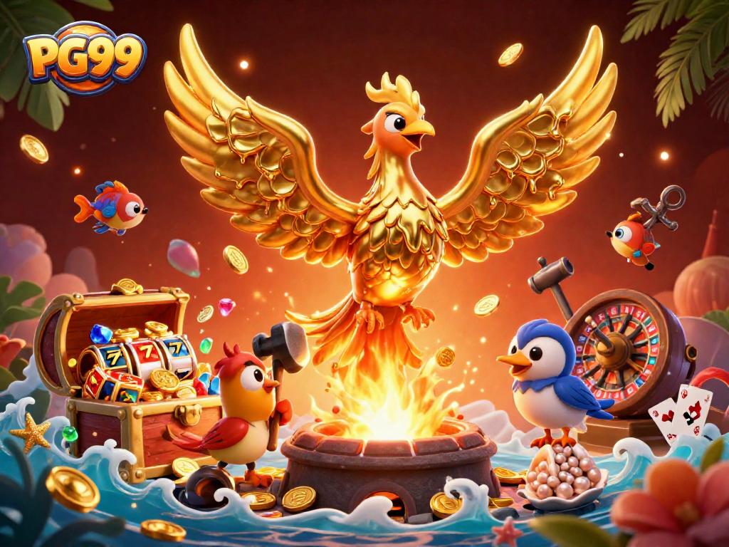 Engage in thrilling gameplay with PG99, featuring a golden phoenix and iconic casino elements.