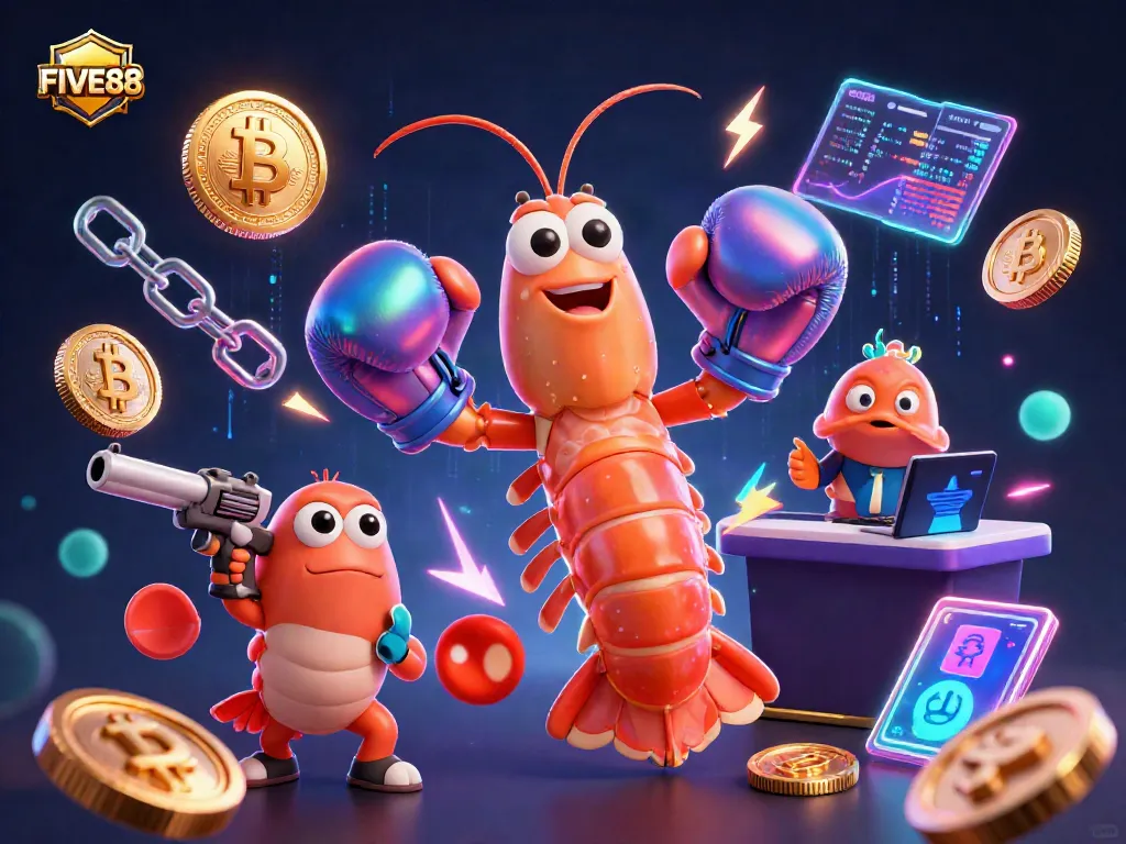 Join FIVE88 in an electrifying casino adventure featuring a vibrant shrimp duo, glowing crypto coins, and dynamic gaming elements.