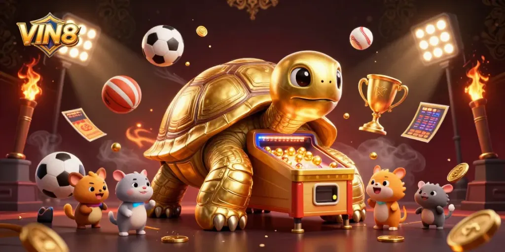 Experience VIN88's exciting gaming action with a vibrant illustration showcasing a colossal pinball tortoise!