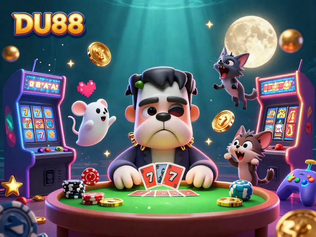 Engage with DU88's thrilling gaming scene featuring colorful slot machines and vibrant characters.