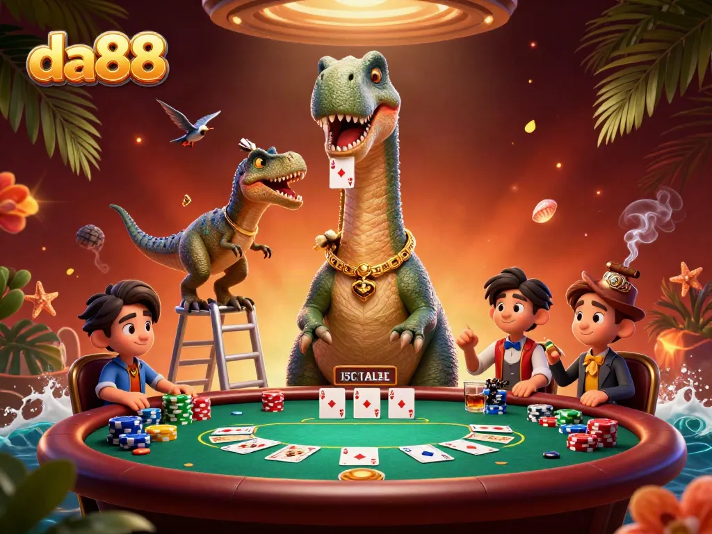 Experience poker excitement at da88 with a giant dinosaur dealer and vibrant chip stacks
