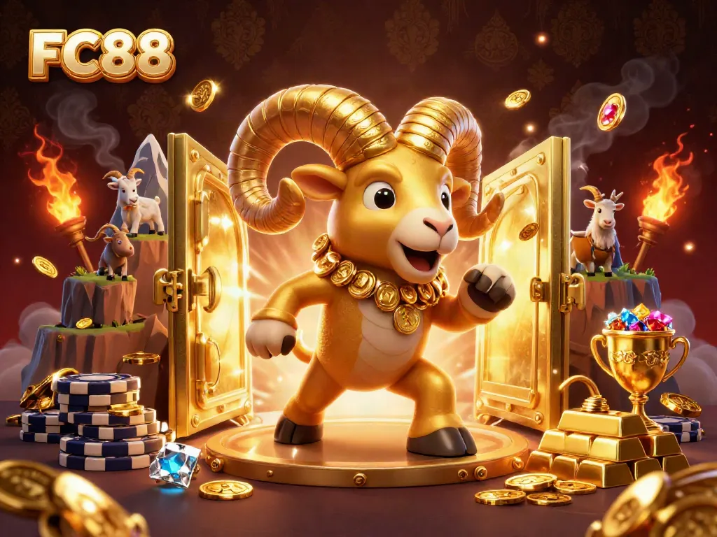 Experience thrilling winnings at FC88 with a dynamic scene of golden rewards and lively gameplay elements.