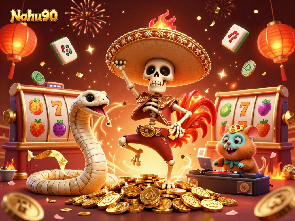 Nohu90 brings the casino to life with a lively fiesta scene, showcasing characters celebrating a jackpot.
