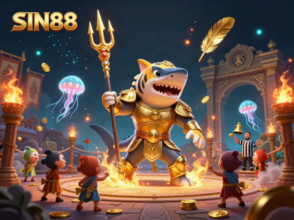 SIN88 showcases a thrilling underwater casino scene with a golden shark gladiator, captivating fish crowd, and immersive gaming elements.