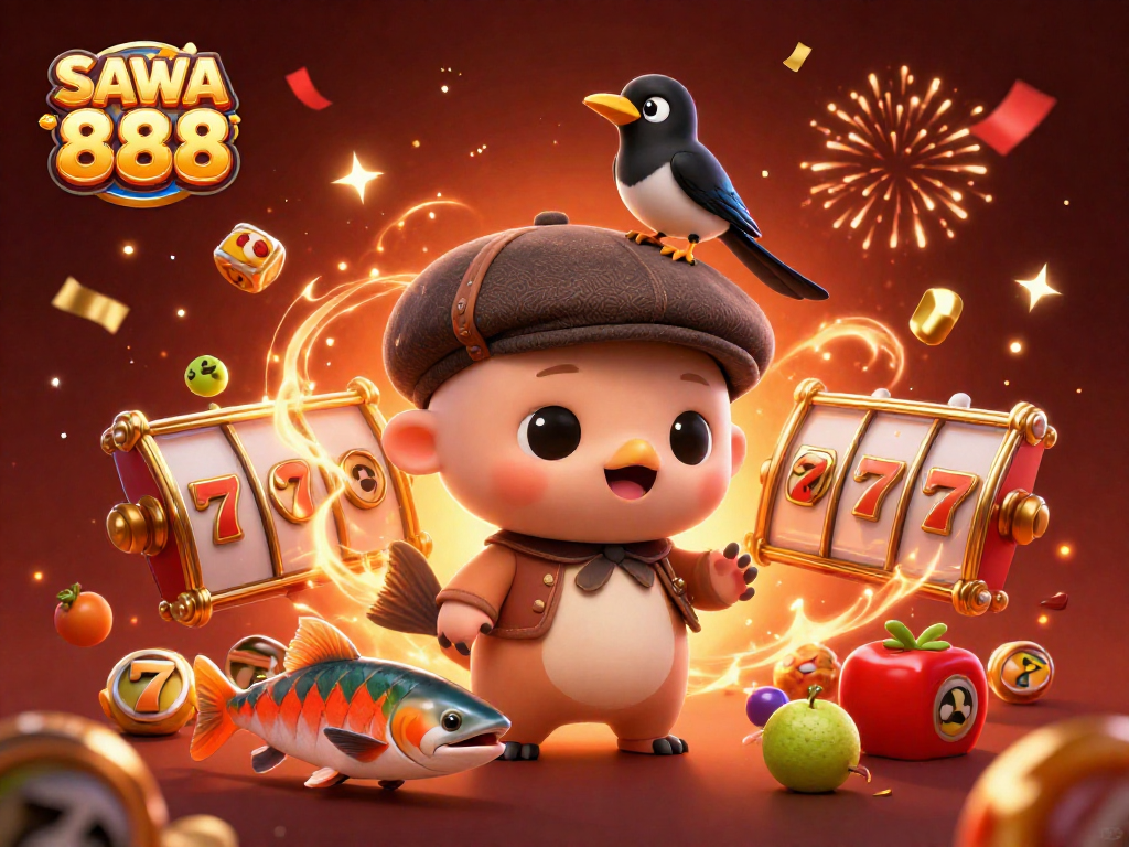 Experience the excitement of SAWA 888 with vibrant slot reels and lucky 7s in a playful scene