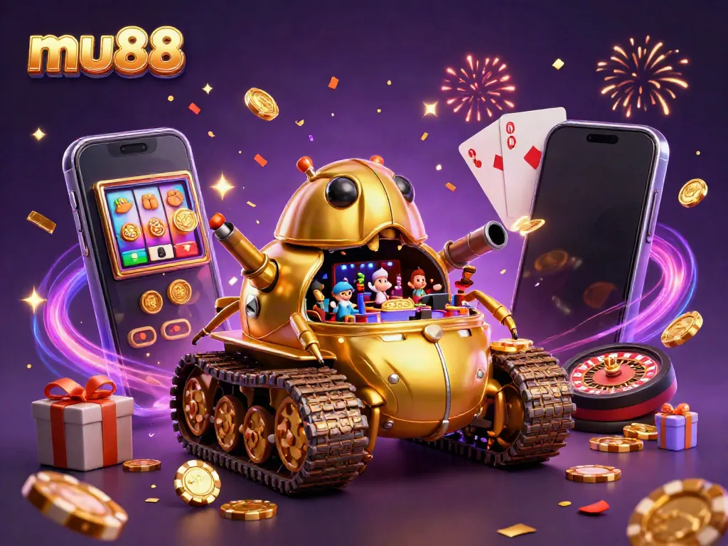 mu88 showcases a vibrant scene of a massive golden beetle tank revealing a mini-casino full of action and excitement