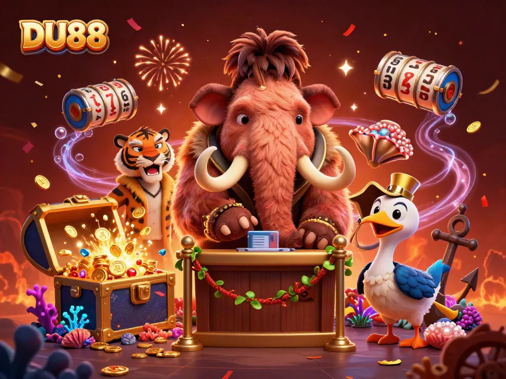 Win big at DU88 with a vibrant scene featuring a woolly mammoth bouncer and casino-themed elements.