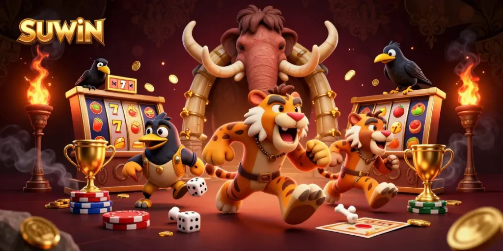 Suwin engages players in a vibrant 3D casino scene featuring lively slots and immersive gameplay elements.