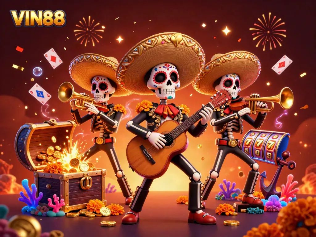 Experience thrilling casino action at VIN88 with a vibrant mariachi band surrounded by sparkling treasures.