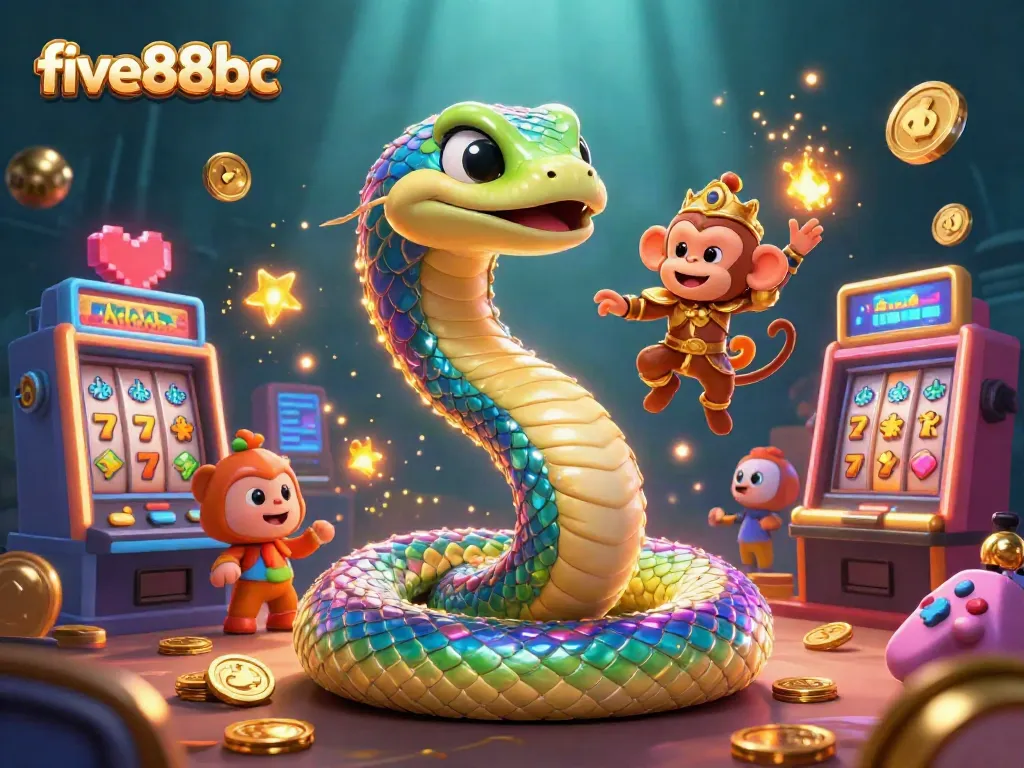 Experience the thrill of five88bc with a vibrant 3D casino scene including playful monkey king and rainbow serpent.