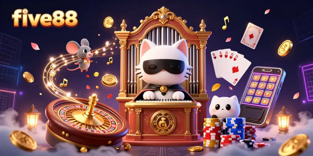 Play and win with five88 in a vibrant casino scene, showcasing thrilling gaming vibes.
