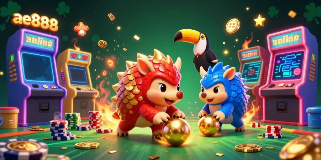 Two rival pangolins bowling through poker chips in the ae888 casino, highlighting vibrant gaming elements.