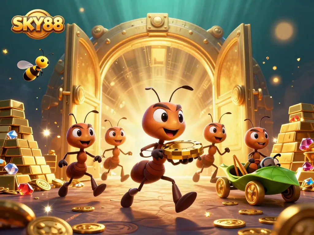 SKY88 promotes an exciting gaming experience with a dazzling array of golden chips and treasures.