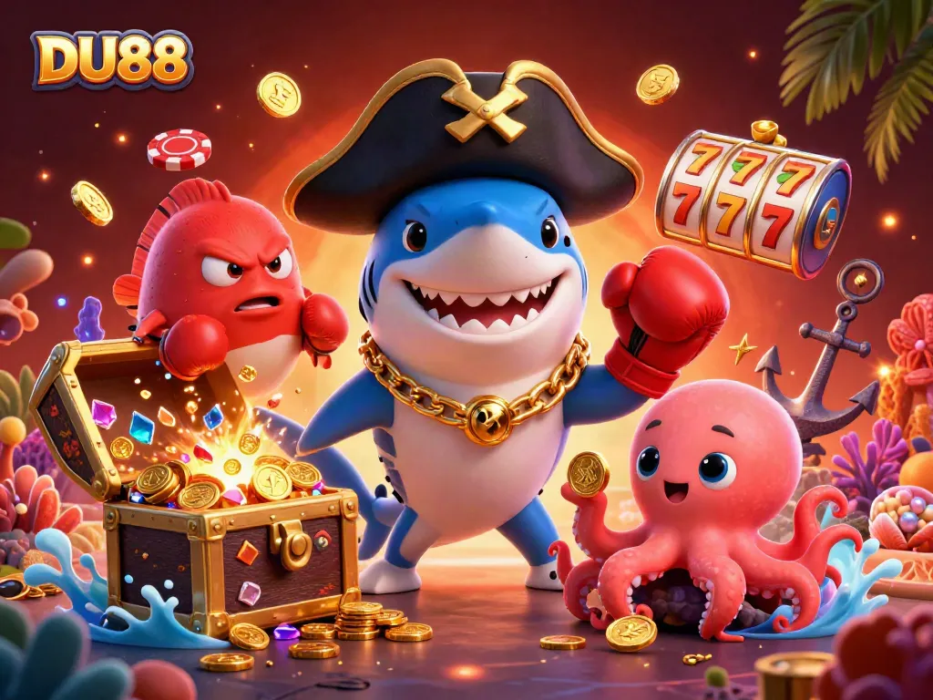 Engage with DU88's vibrant online casino experience featuring an animated pirate shark and friends, showcasing treasure and casino elements.