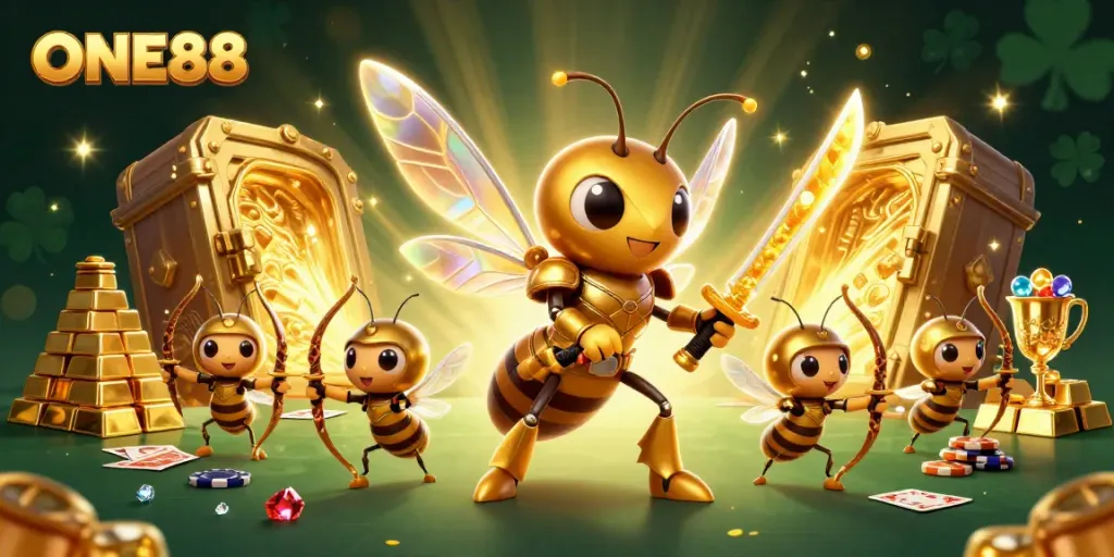 Experience the excitement at ONE88 with a vibrant casino-themed illustration featuring a golden hornet and bee archers.
