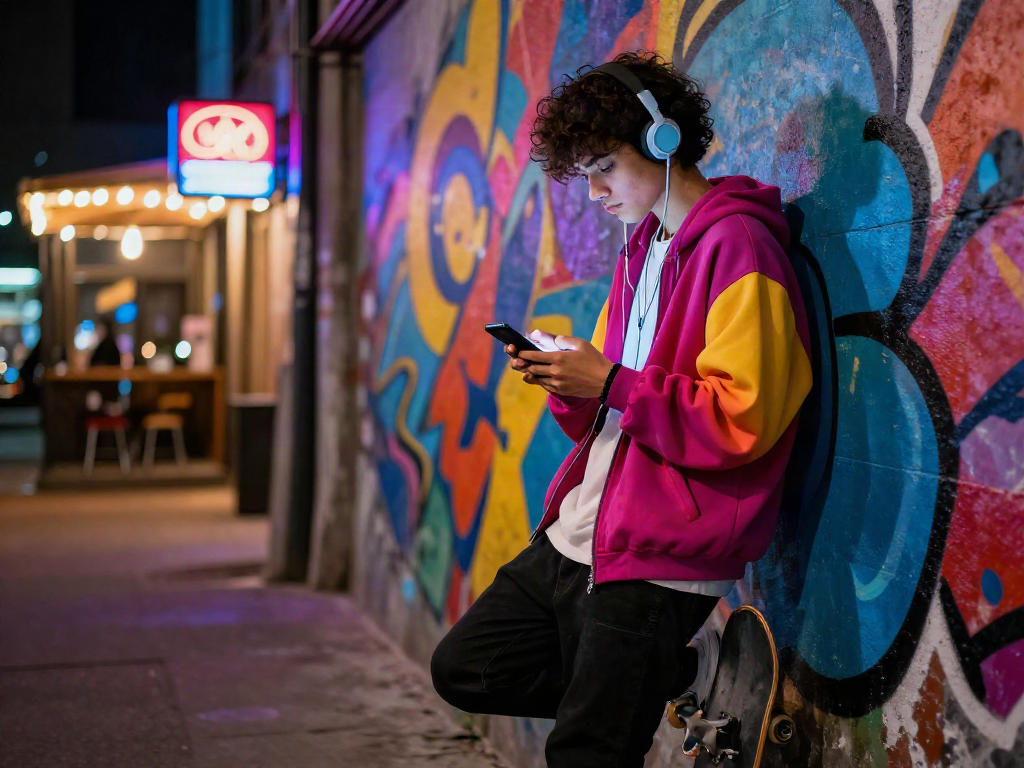 Casually dressed individual enjoying NSFW content in vibrant urban alleyway.