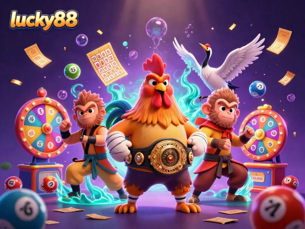 Experience the thrills of lucky88 with dynamic characters surrounded by colorful casino elements.