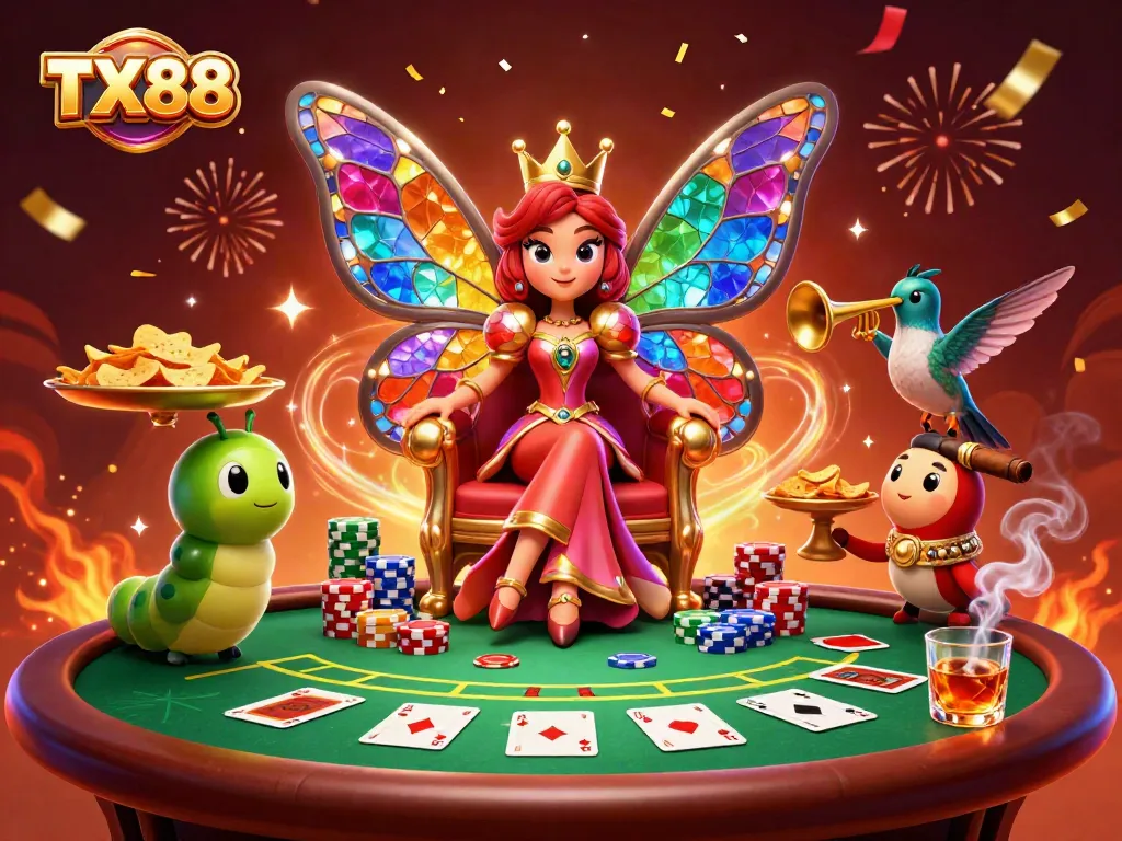 Engage in thrilling poker action at TX88 with a vibrant 3D casino scene featuring rich game elements and colorful characters.