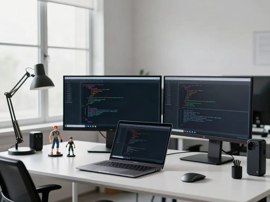 Developer working on instant indexing tools in a bright workspace with dual monitors.
