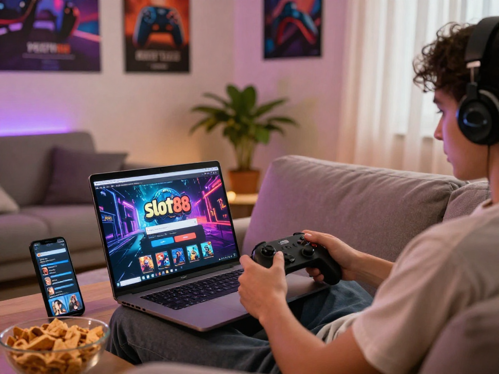 Engaging gamer using slot88 login on laptop in cozy home setup