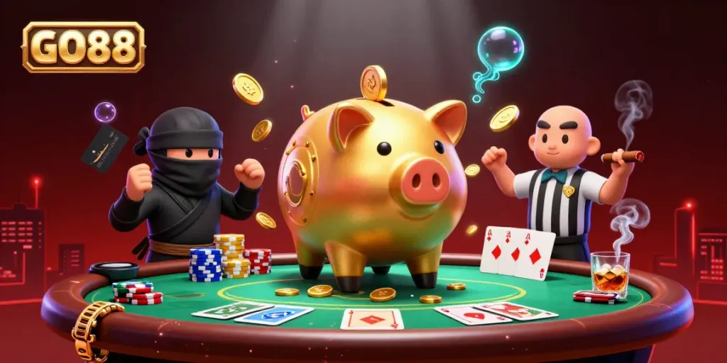 GO88 showcases a lively casino scene with a colorful poker battle featuring a golden piggy bank sumo wrestler, wallet-ninja, and credit-card samurai.