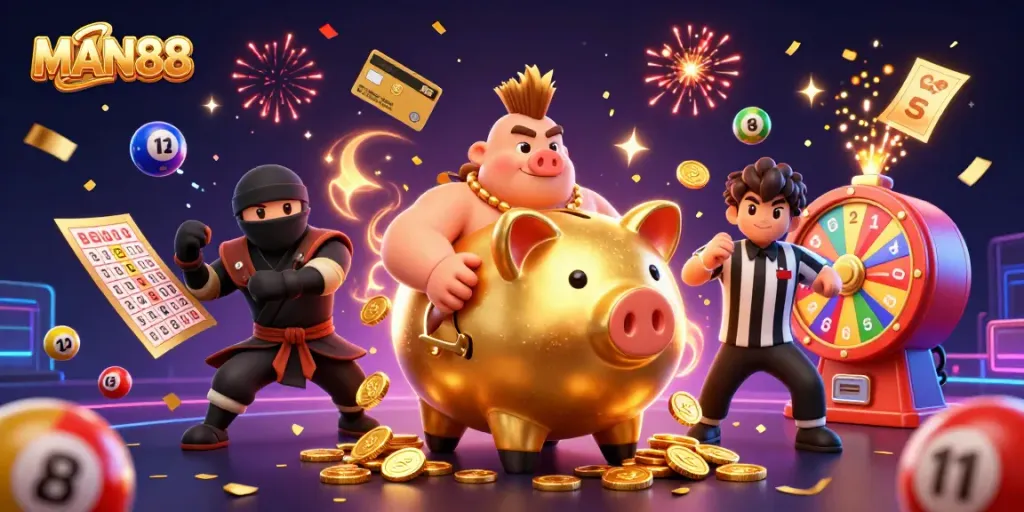 Experience the thrill of winning big with MAN88's energetic 3D casino scene filled with colorful lottery elements.