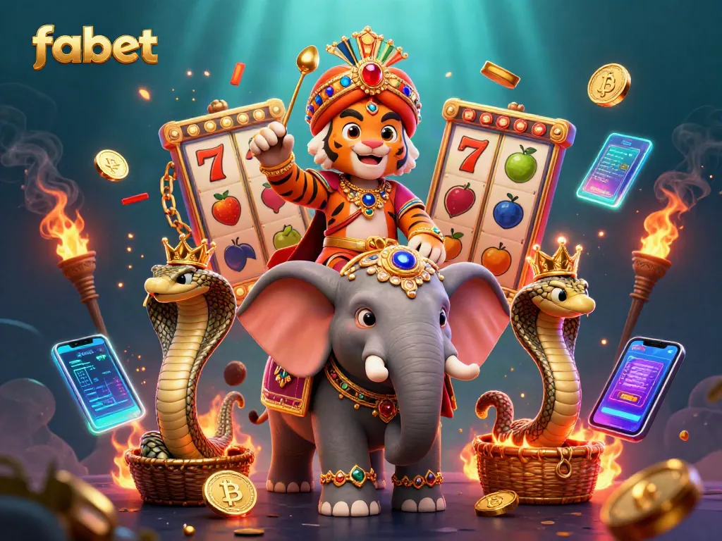 Watch as the fabet casino experience comes alive with a majestic maharaja tiger, an elephant, and exciting slot game elements.
