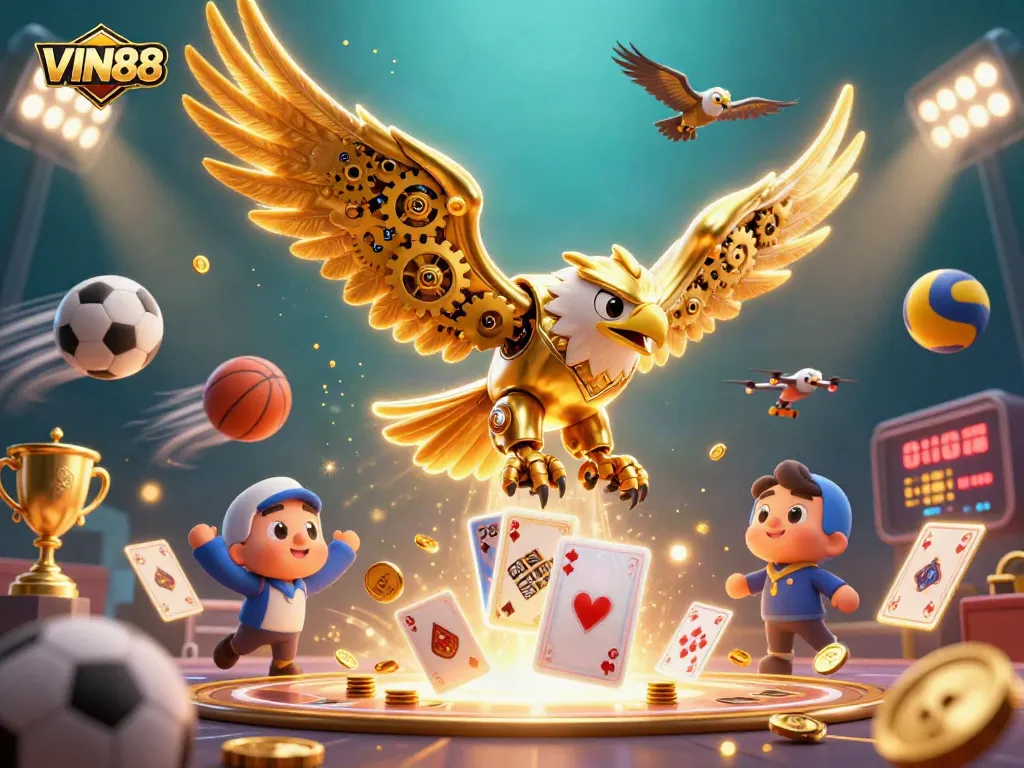 Experience VIN88's thrilling gaming world with a dynamic dive of a cybernetic eagle amidst holographic cards.