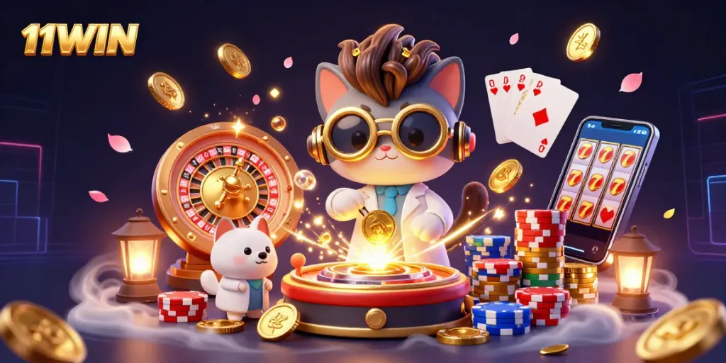 Experience the thrilling world of 11WIN with an exciting casino scene, featuring vibrant characters and dynamic gaming elements.