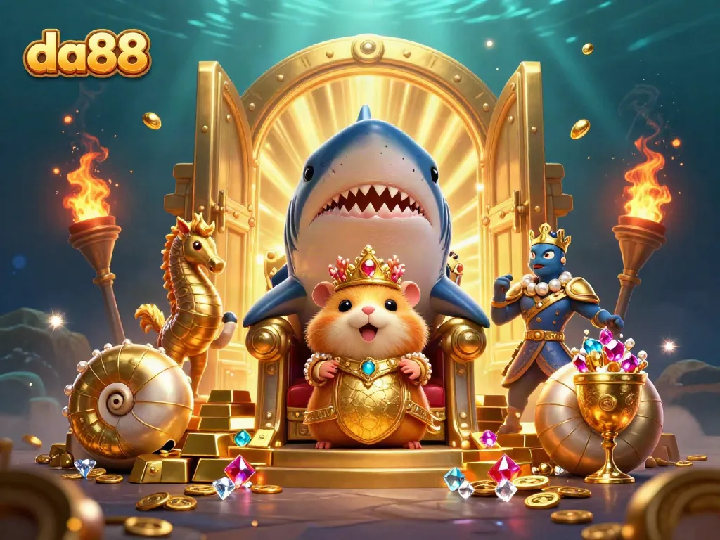 Experience da88's golden kingdom with treasures and a heroic hamster king amidst vibrant gems and gold.