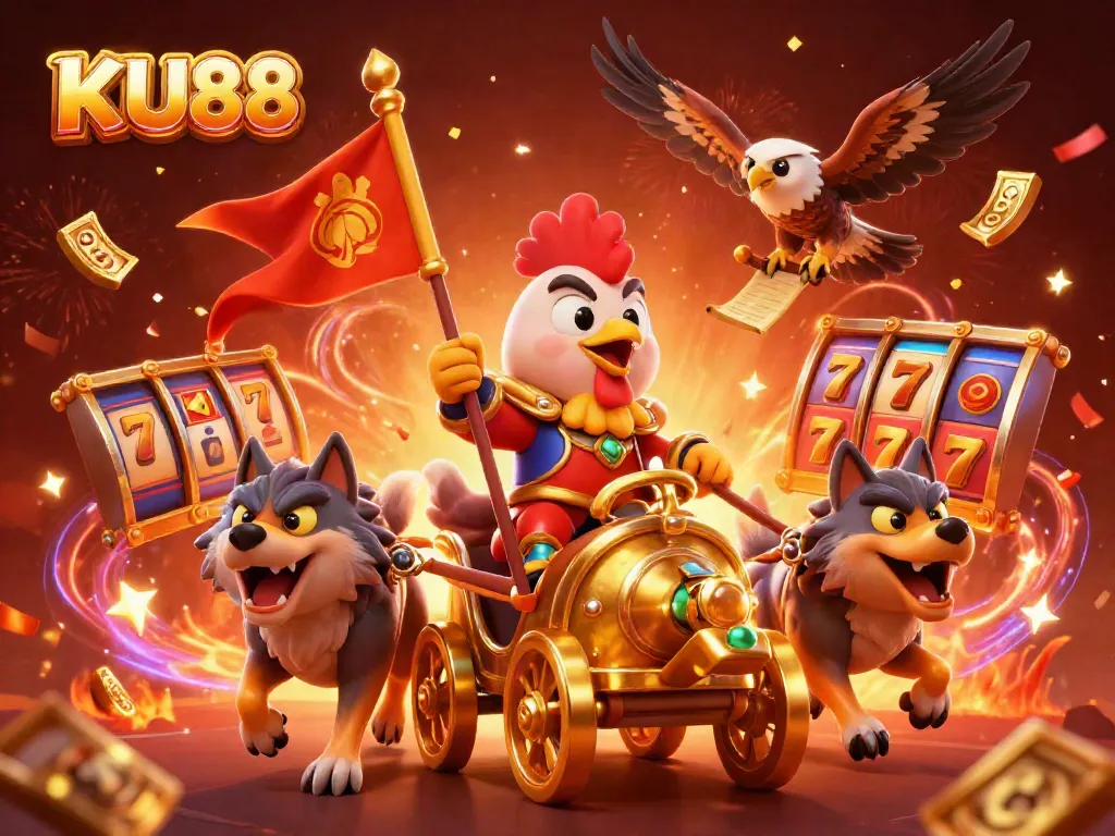 KU88 offers thrilling gameplay with the golden rooster warlord leading a vibrant slot jackpot showdown.
