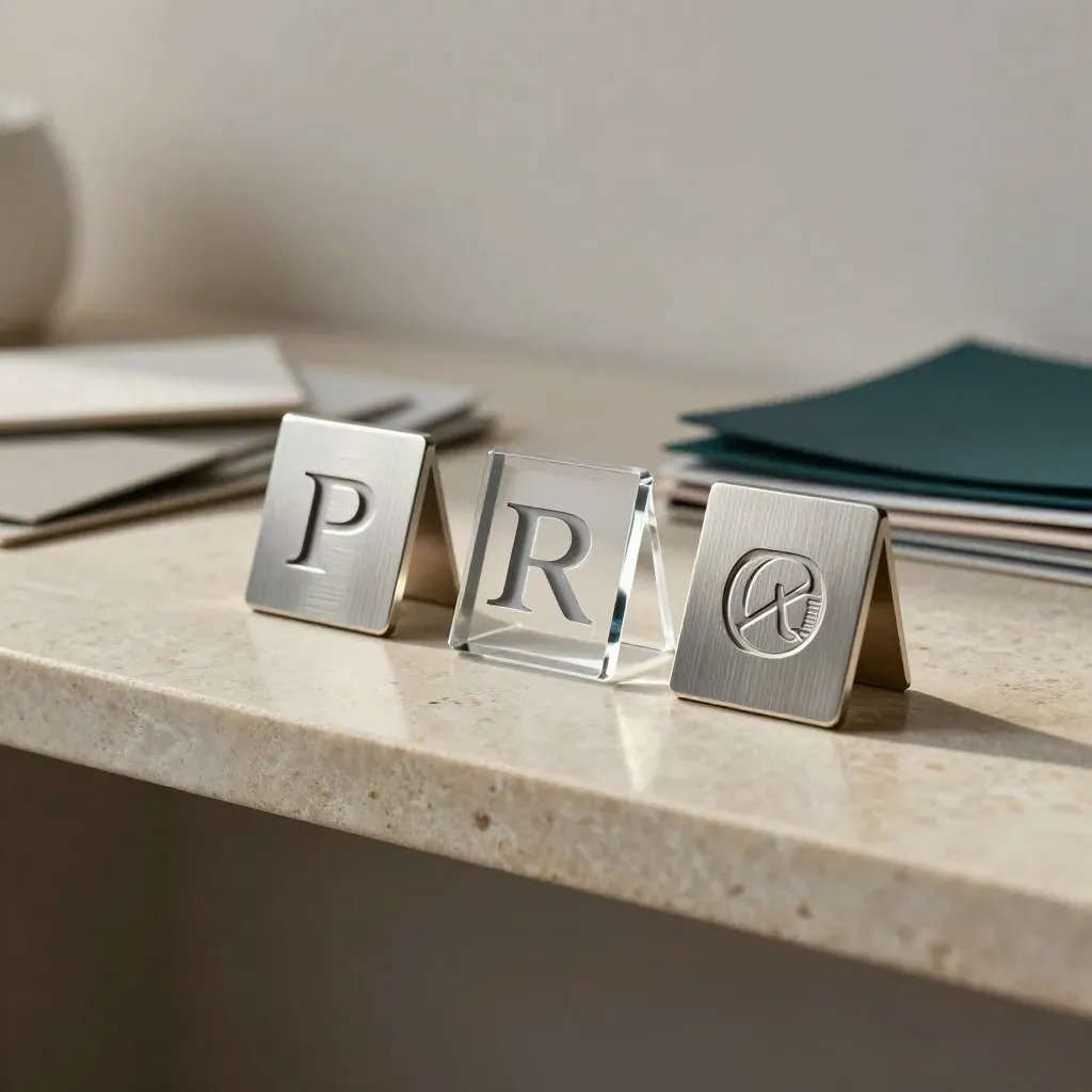 Logo mark prototypes in metal, acrylic and embossed card on a limestone shelf.