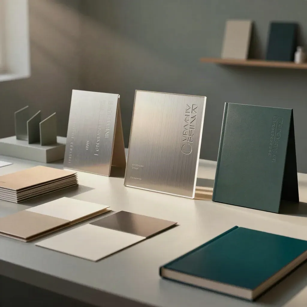 Cinematic design studio still life with logo plaques, paper swatches and brand materials.