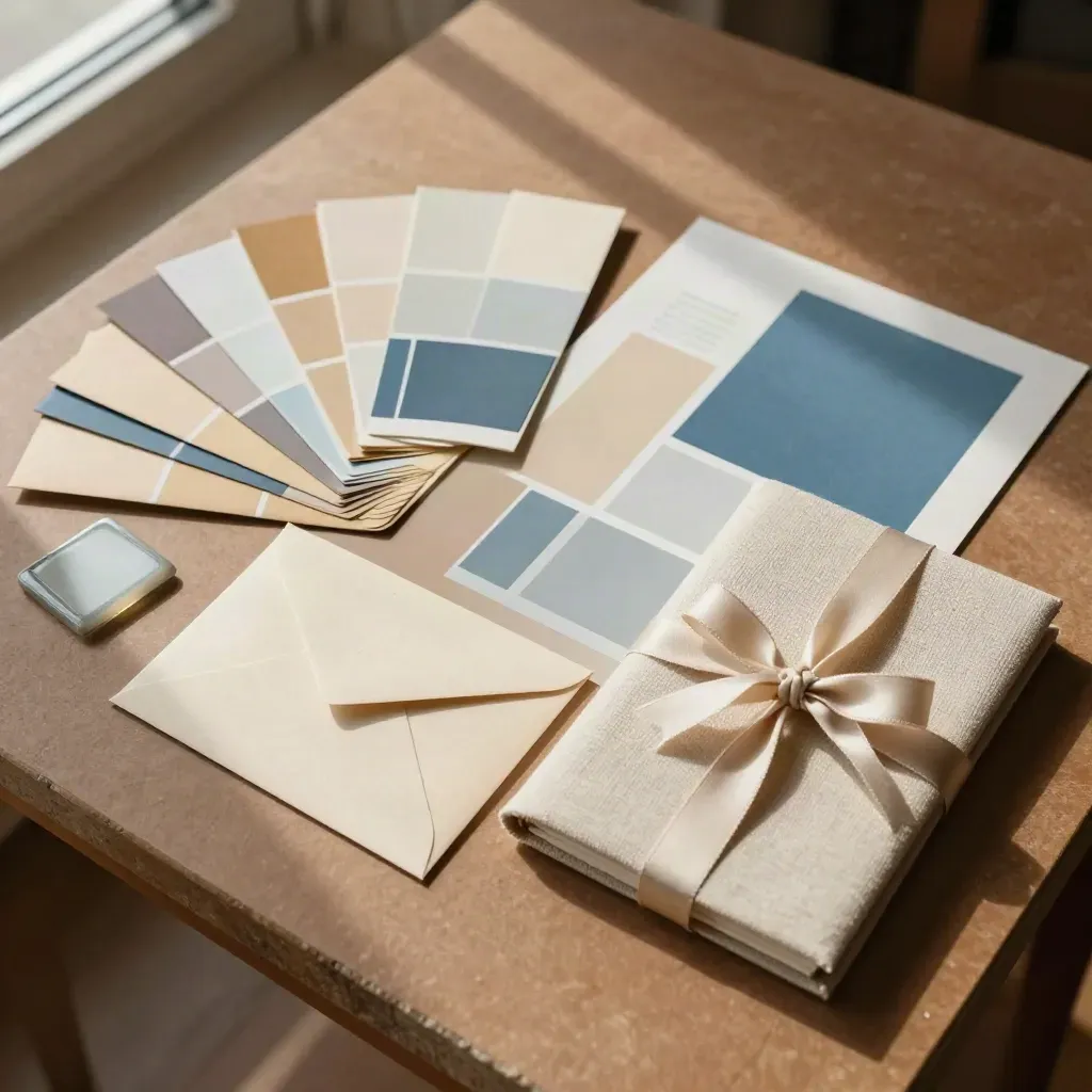 Brand identity system materials laid out on a warm studio table with blue accents.