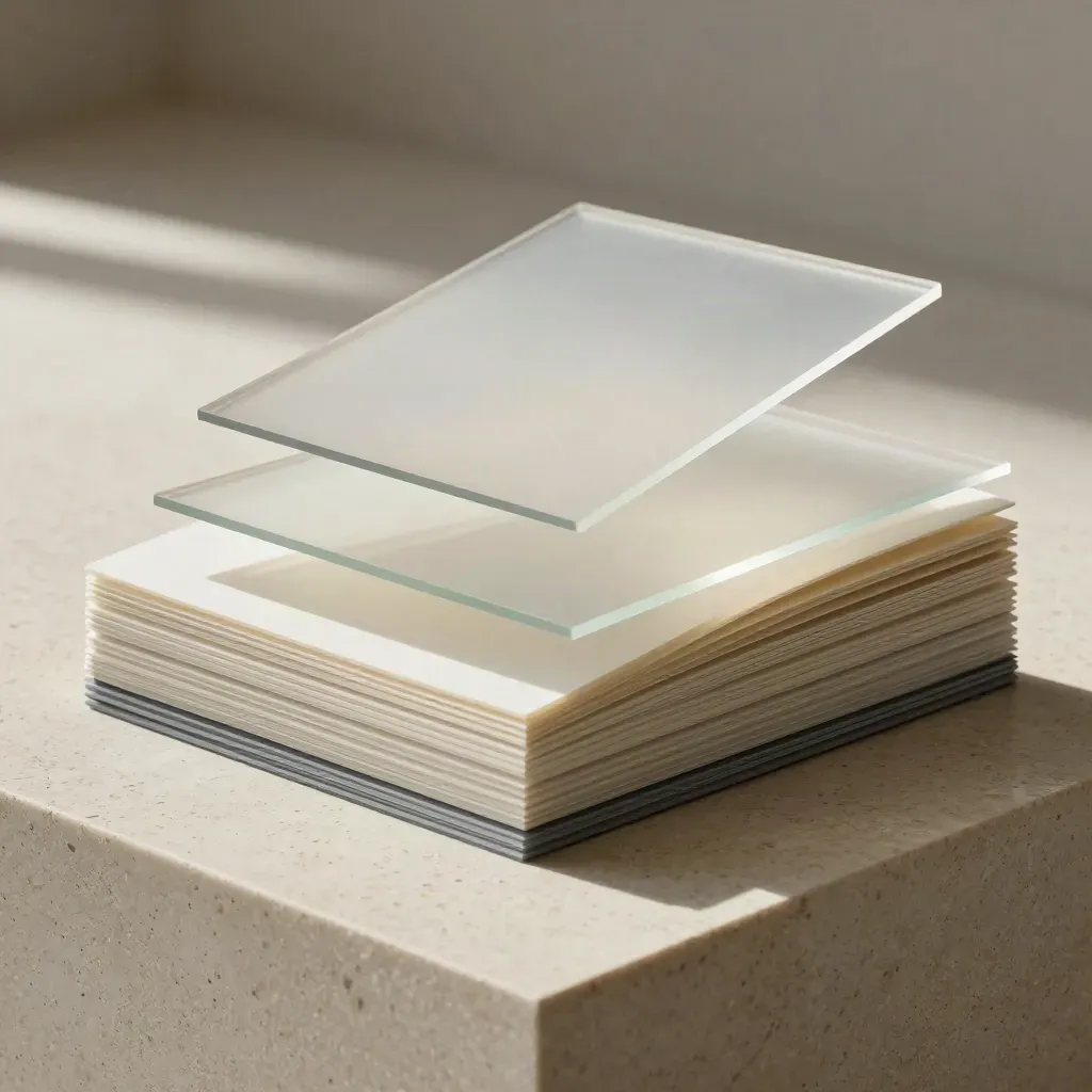 Frosted acrylic page modules aligning into a responsive website layout model on travertine