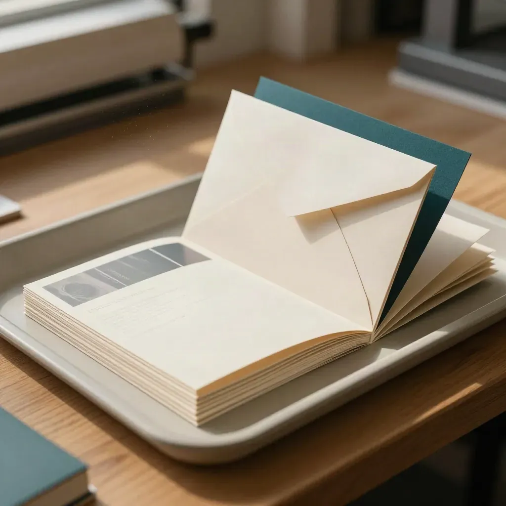 Paper samples and print proofs fanned on a tray in a warm print studio.