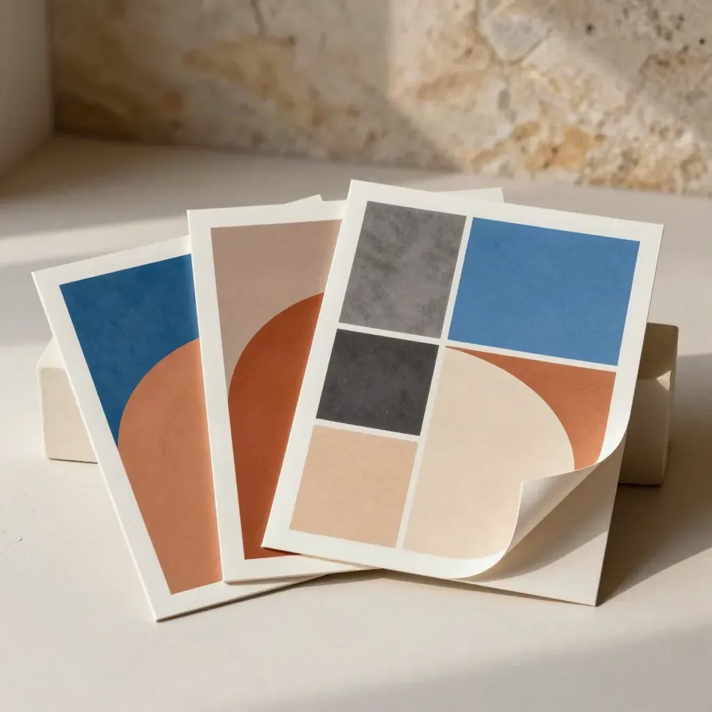 Three layered social graphics boards in abstract blue and terracotta on a plaster surface.