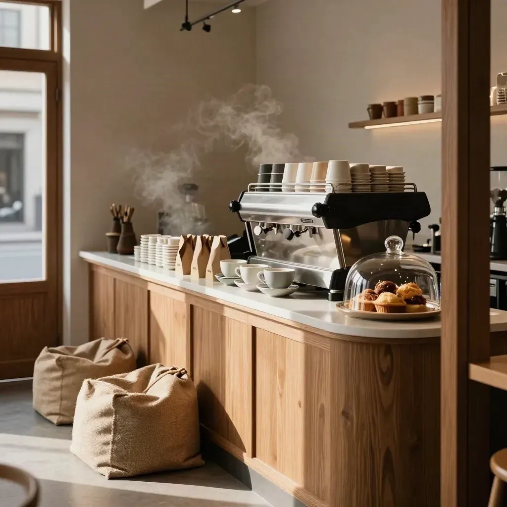 Launch-ready cafe counter with cups, pastry dome, bean bags, and warm timber joinery.