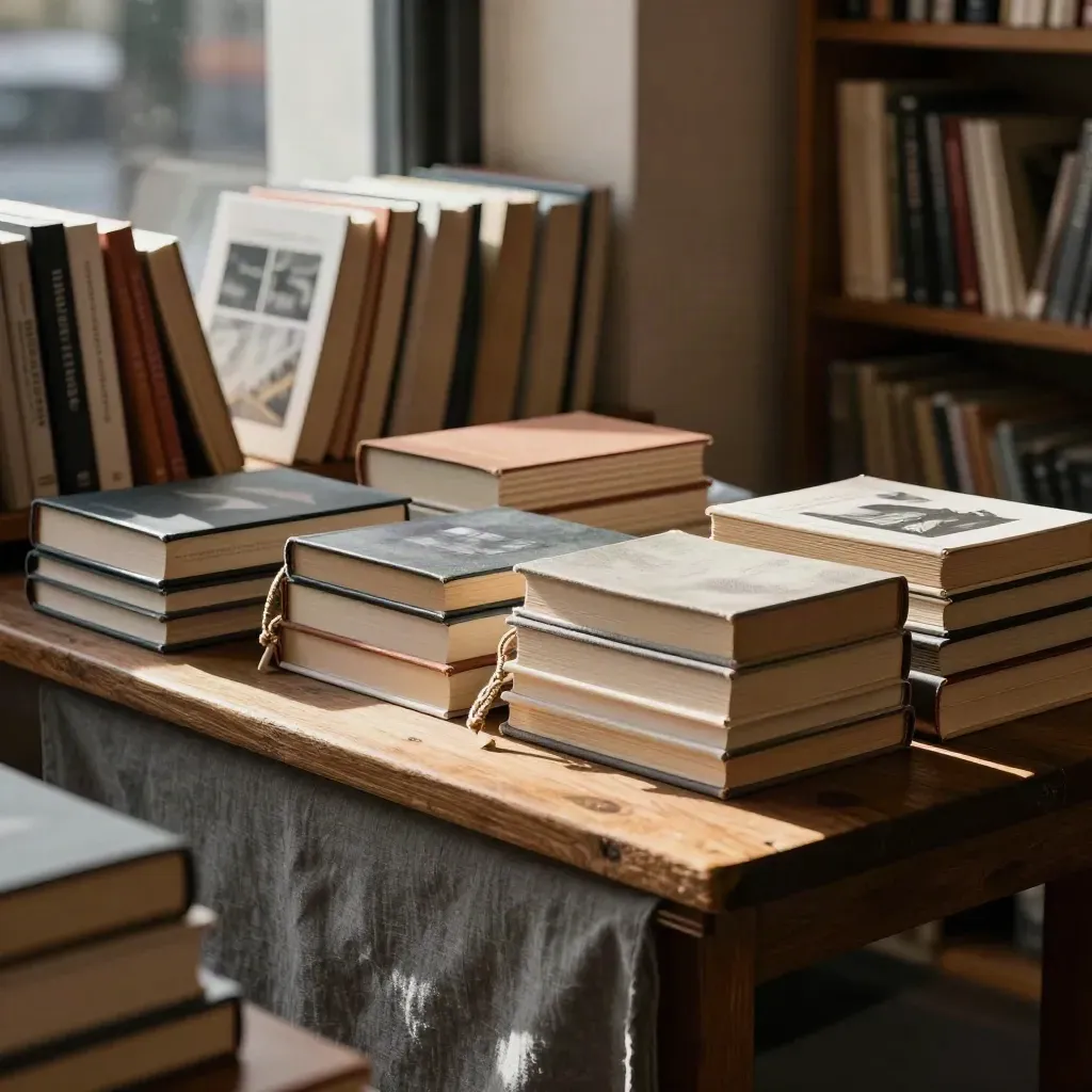 Quiet bookshop table with stacked hardbacks, woven bookmarks and a softly lit window display.