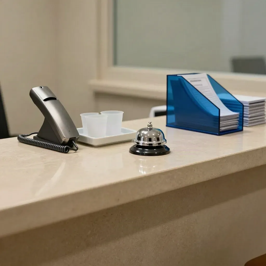 Clinic reception counter with phone base, bell, ceramic tray and tidy intake station.