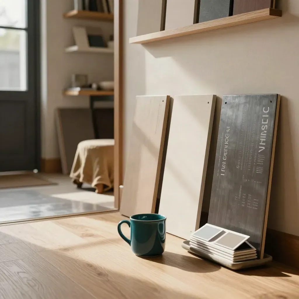 Studio entrance vignette with teal mug, sample rails, folded stool and shelf in warm window light.