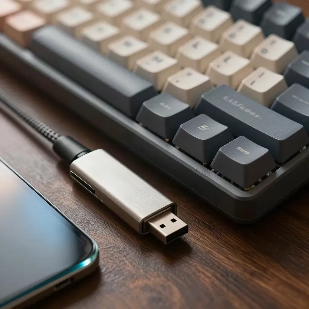 Macro still life of a keyboard, cable, USB drive and trackpad corner on walnut wood.
