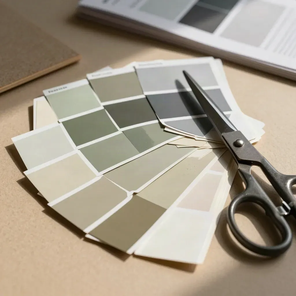 Colour swatches, paper chips, blotter and curved scissors on a sand-toned print bench.