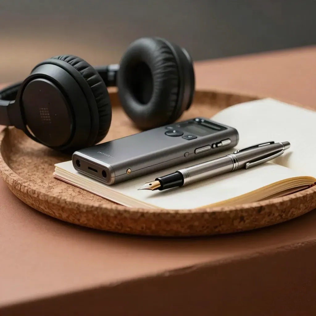 Macro still life of a voice recorder, headphones, fountain pen and closed notebook on a terracotta ledge.
