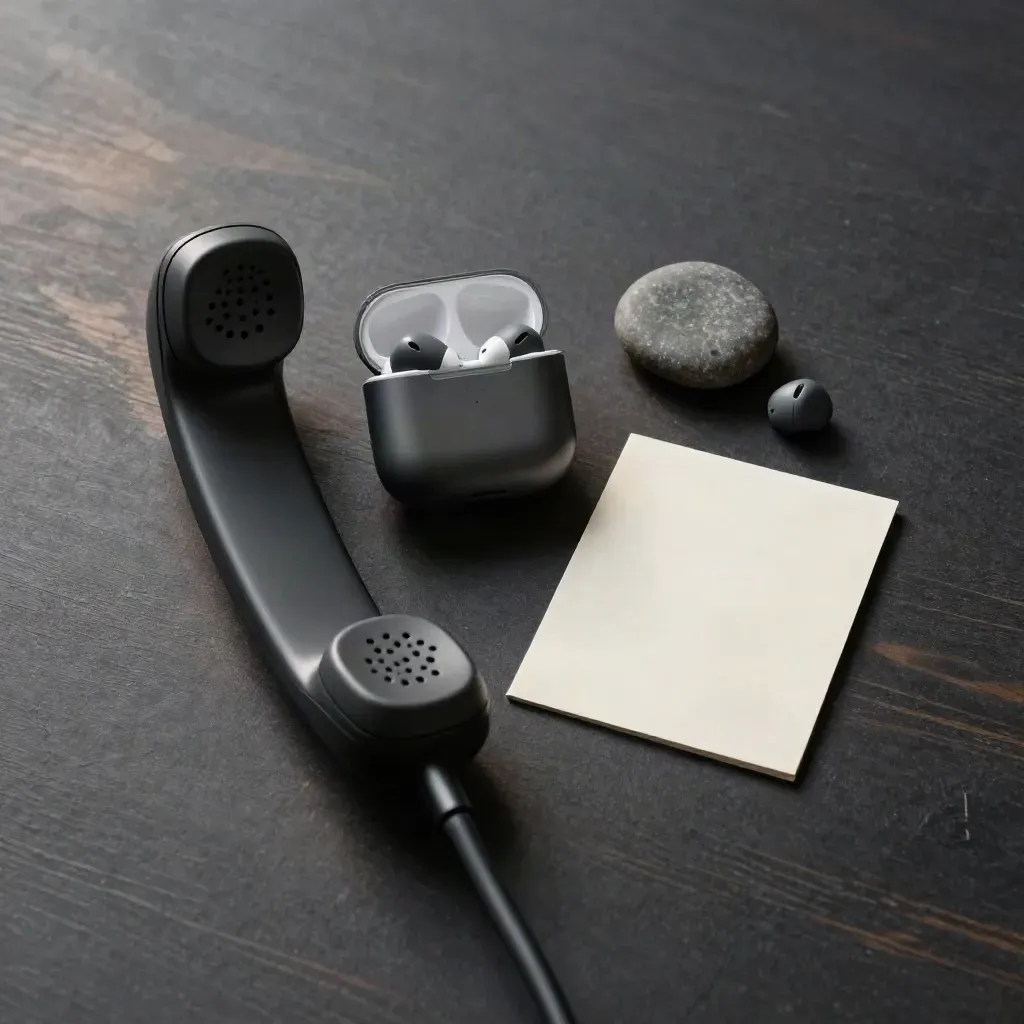 Top-down still life of a phone, earbuds, card, and stone on a dark desk.