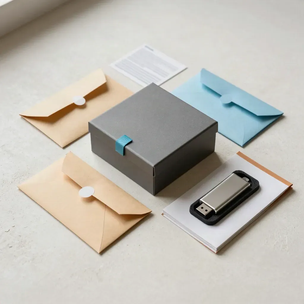 Top-down handoff set with archival envelopes, USB drive, asset sleeves and storage box on pale plaster.
