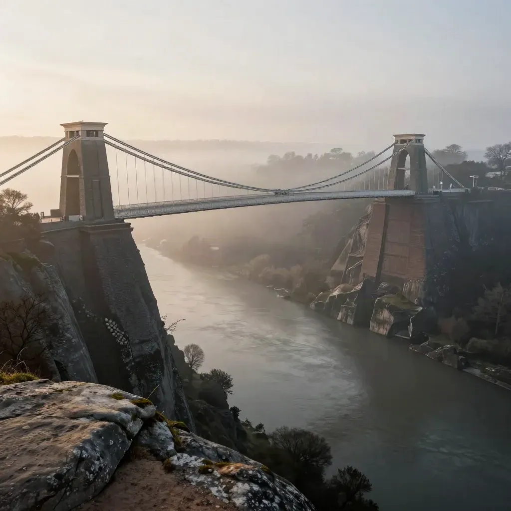 Clifton Suspension Bridge in dawn mist above Avon Gorge, warm limestone tones and soft haze