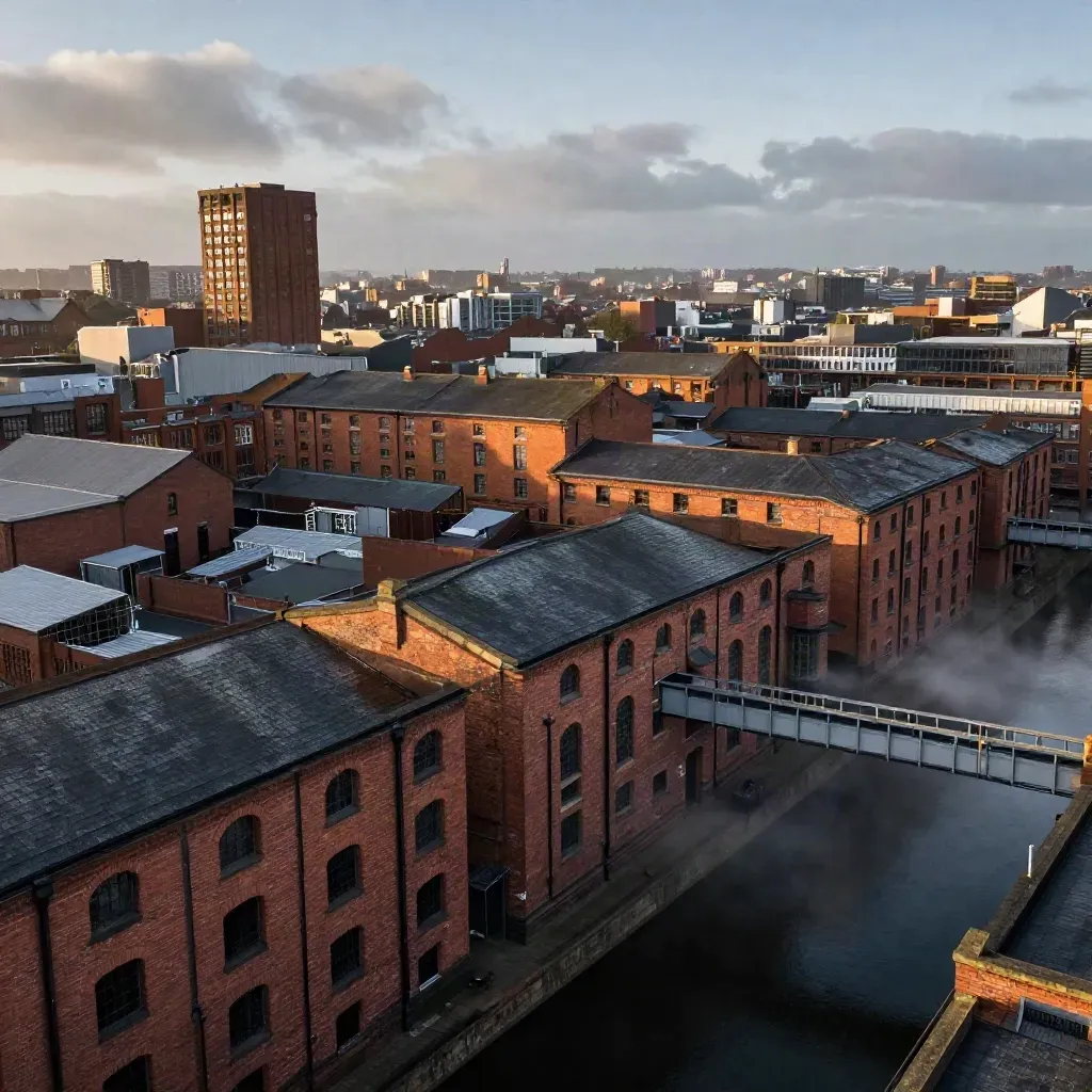 Blue-hour red-brick mills over a quiet canal in mist, Manchester skyline high.