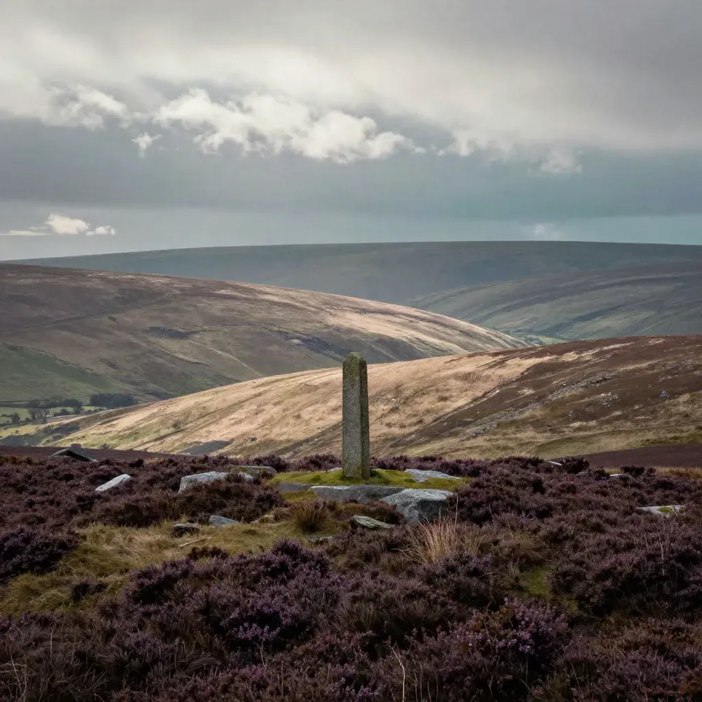 Wide moorland ridge with a stone marker high on the skyline under post-rain haze